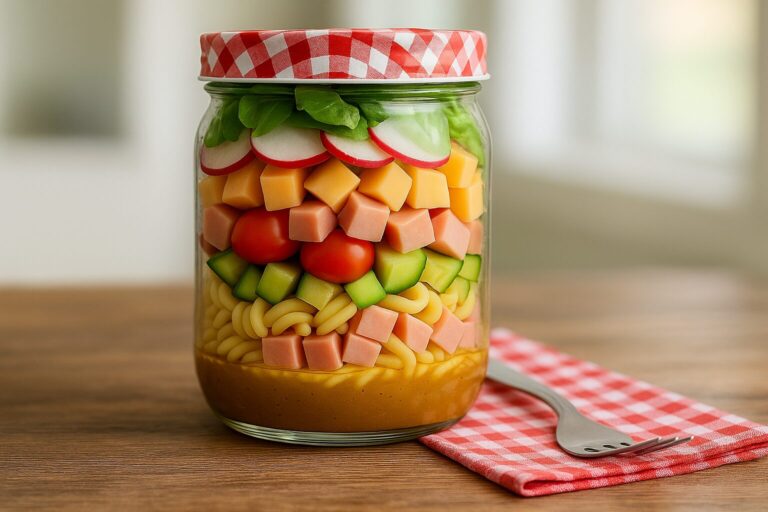 Layered chef's salad in a jar with a red gingham lid on a wood surface with a silver fork on a red napkin