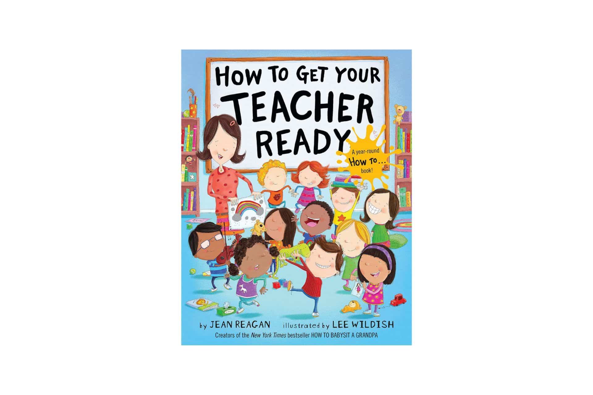 Book cover with a crowd of children and a teacher
