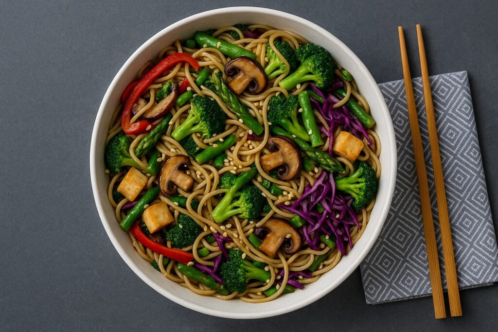 Sesame Asian Noodle Salad on a dark grey countertop with chopsticks on a light grey napkin