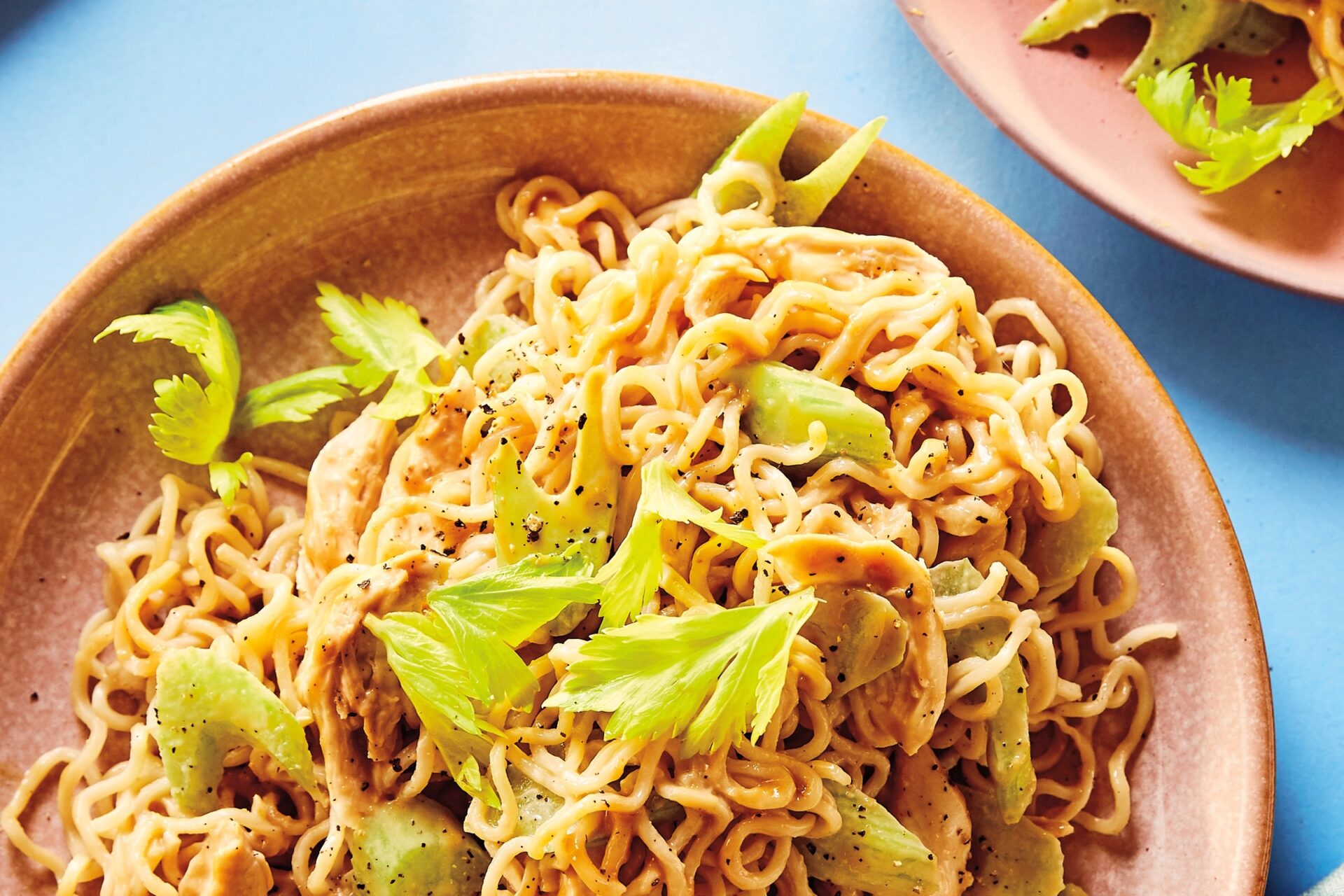 plate of noodles with Rotisserie Chicken and celery 