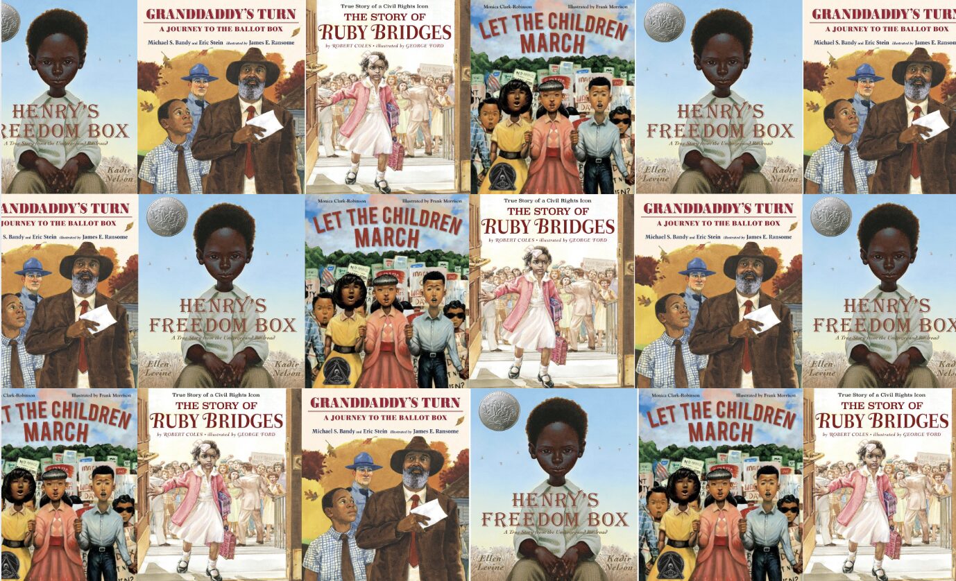 Black history month books for kids in a step-and-repeat pattern