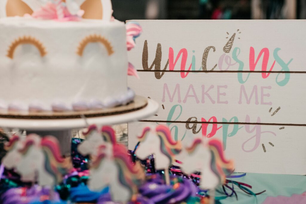 Unicorn birthday party accents, to illustrate kids birthday party themes in 2025