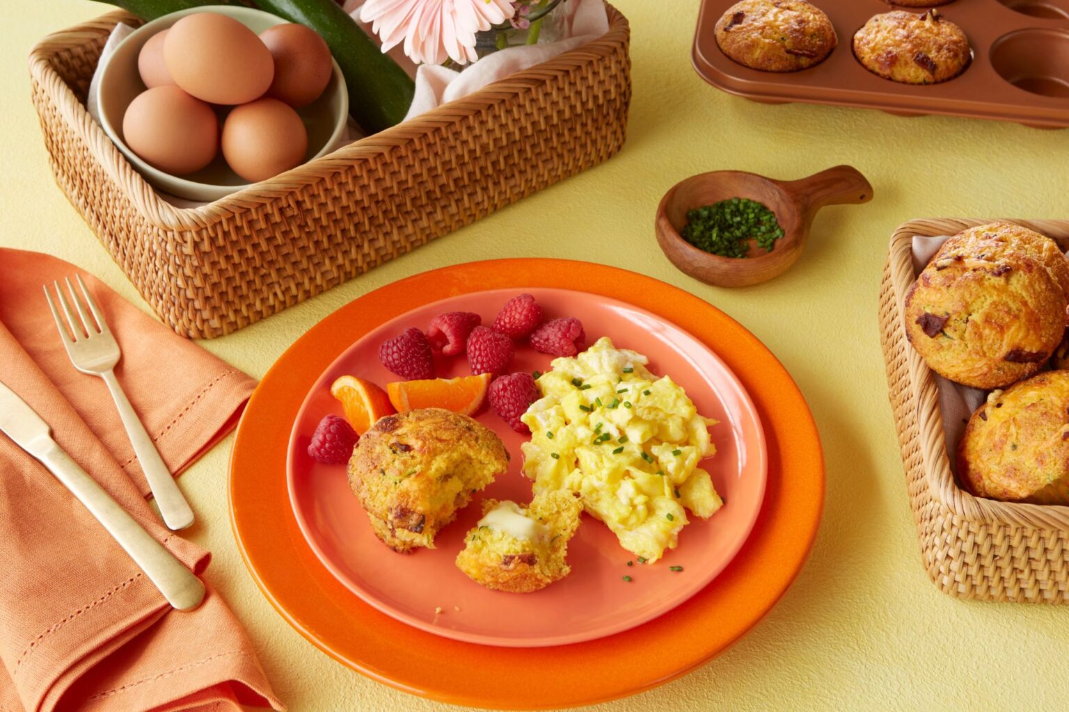 a brunch spread with Cheddar Bacon Zucchini Muffins.