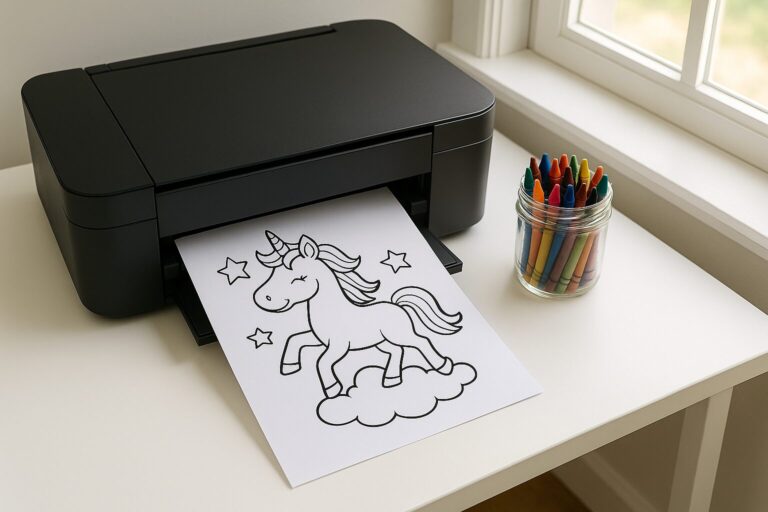 Black printer with colouring page of a unicorn in the tray, with a jar of crayons to the side.